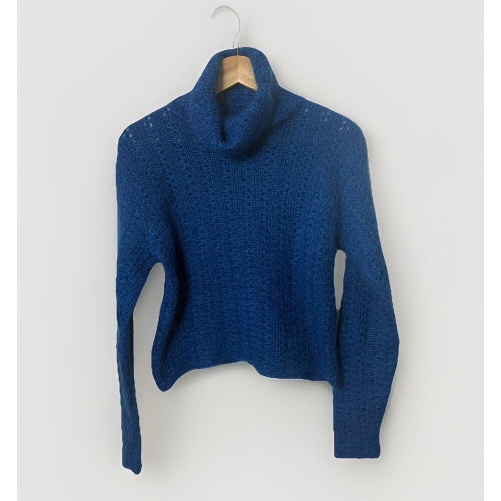 Vtg Laura Ashley Mohair Sweater Blue Turtleneck Open Knit Crop Preppy Ski Soft L